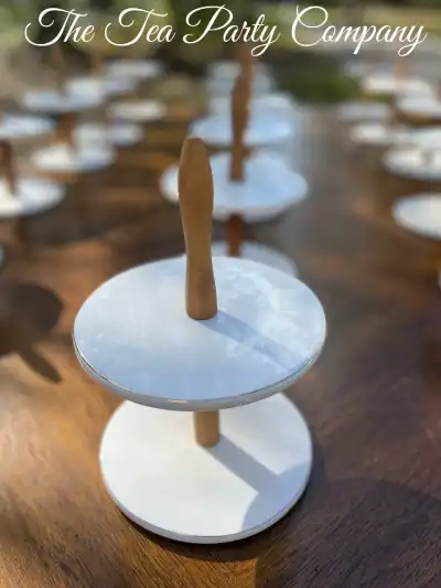food stands rentals | The Tea Party Company mini foood servers 2 tiers round ceramic dishes and wood