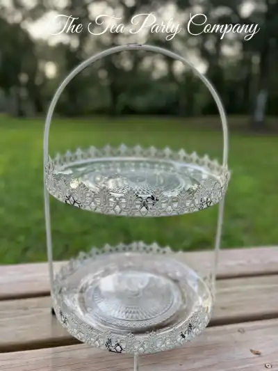 food stands rentals | The Tea Party Company off white meal 2 tiered food server 2 glass plates