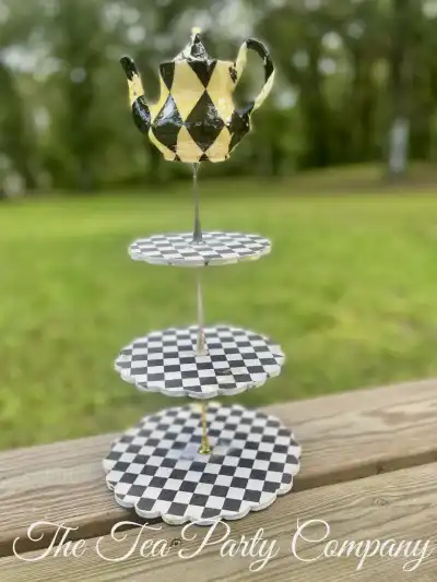 alice in wonderland theme party | The Tea Party Company 3 tiered food stand black and white diamond pattern teapot finial