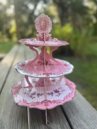 food stands rentals | The Tea Party Company shabby chic pink 3 tiered cardboard food stand
