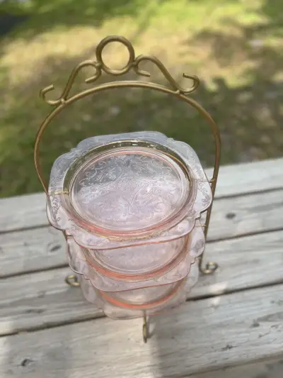 food stands rentals | The Tea Party Company metal gold 3 tiered server 3 vintage pink dishes