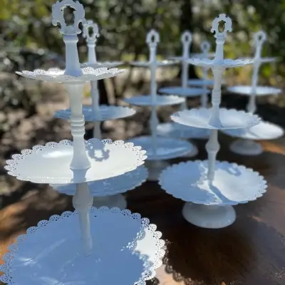 food stands rentals | The Tea Party Company white metal 3 tiered server