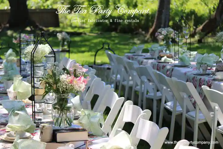 Elegant Garden Tea Party Setup Tampa Florida Elegant outdoor tea party setup with vintage floral table decor in Tampa Florida