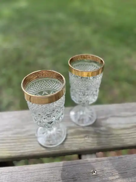 glassware rentals | The Tea Party Company vintage anchor hocking wexford gold rim water goblets