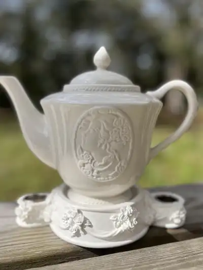 bridgerton & downton abby theme party | The Tea Party Company teacpot white with a lady embossed