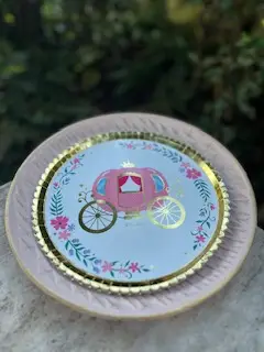 tea party rentals | The Tea Party Company pink woood charger with a princess paper motif plate