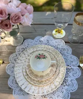 tea party rentals | The Tea Party Company white vinyl charger gold china tablescape
