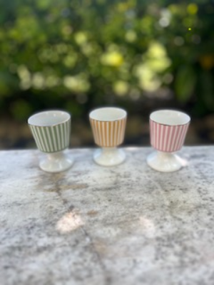 matching china rentals - The Tea Party Company green yellow and pink stripes egg holders white porcelain