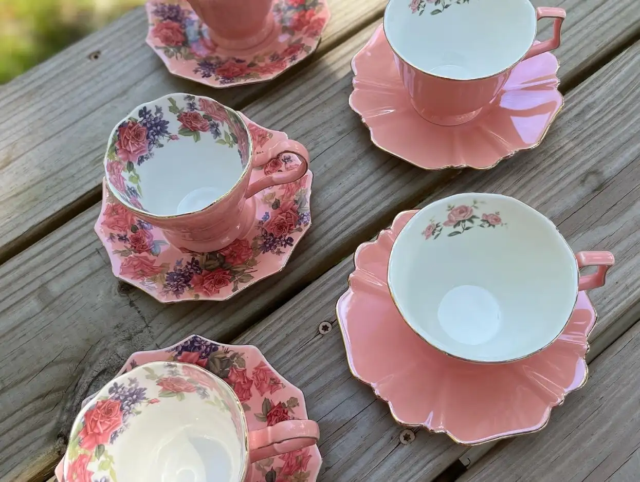 bright pink teacups and saucers