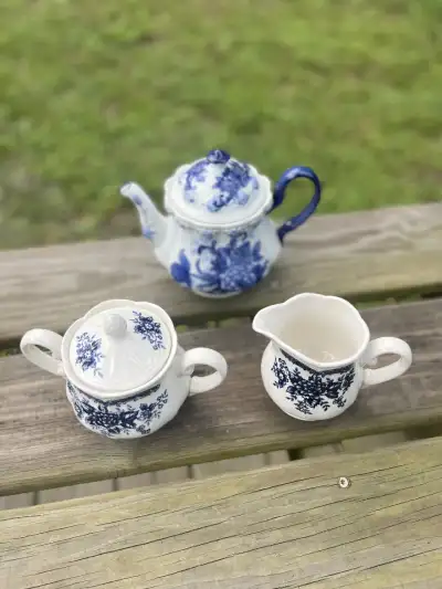 matching tea sets | The Tea Party Company Tea set with a teapot, creamer and sugar bowl white and blue.