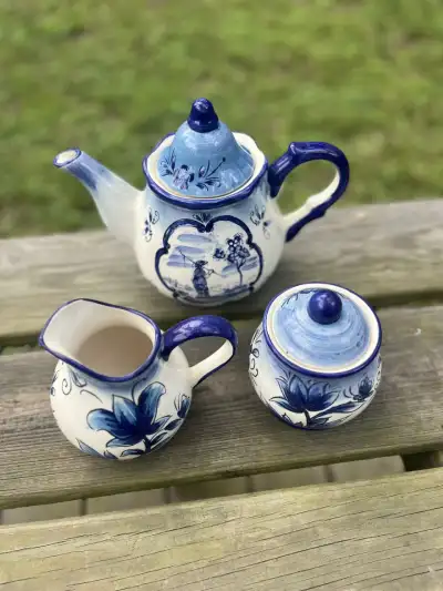 matching tea sets | The Tea Party Company Tea set with a teapot, creamer and sugar bowl white and blue.