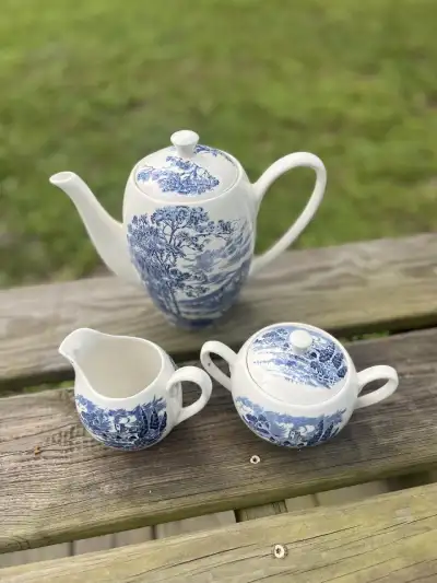 matching tea sets | The Tea Party Company Blue Transferware Tall Coffee Pot English Countryside Bridge Castle Tea Set