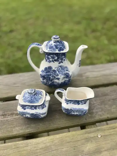 matching tea sets | The Tea Party Company Vintage Toile Tea set with a teapot, creamer and sugar bowl white and blue.