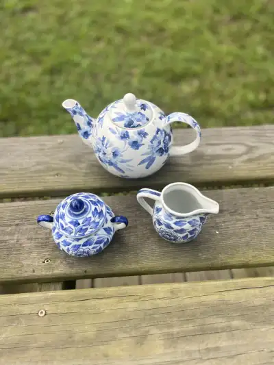 matching tea sets | The Tea Party Company Tea set with a teapot, creamer and sugar bowl white and blue.