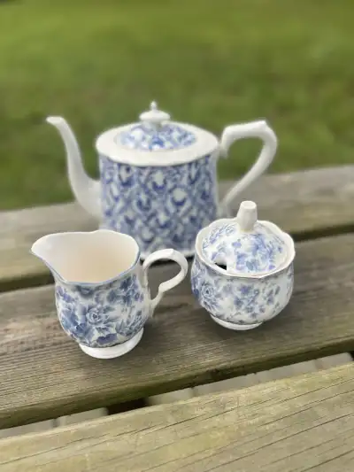 matching tea sets | The Tea Party Company Country French ITea set with a teapot, creamer and sugar bowl white and blue.
