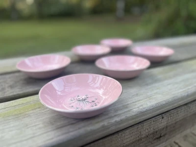 matching china rentals | The Tea Party Company 6 pink vintage bowls sitting on a table.