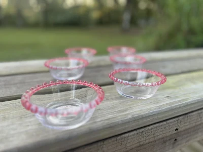 matching china rentals | The Tea Party Company Small bowls clear glass with pink edge