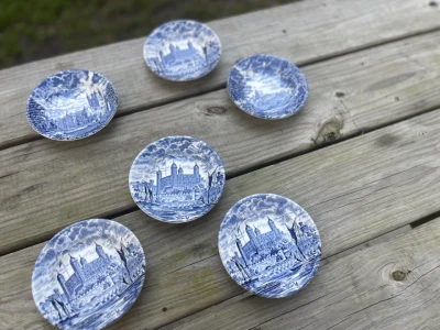 matching china rentals | The Tea Party Company 6 white and blue toile vintage bowls sitting on a table.