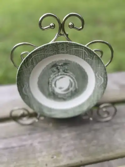 salad plates rentals | The Tea Party Company Green and white pattern salad plate. The vintage design is known as The OLd Curiosity Shop.