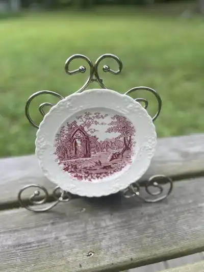 salad plates rentals | The Tea Party Company Red Center Design on a Scalloped Plain Rim Red Toile Salad Plate.