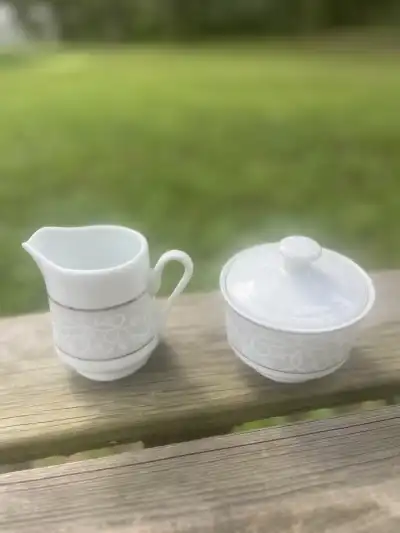 matching china rentals | The Tea Party Company Set of a sugar and milk bowls .White with silver motif .