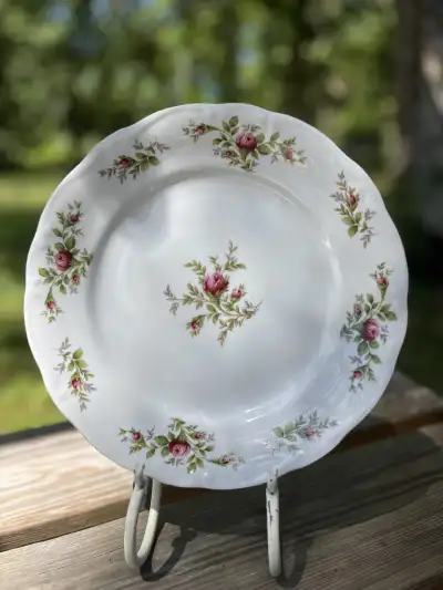 dinner plates rentals | The Tea Party Company Dinnner plate white with some flowers on the edfe.