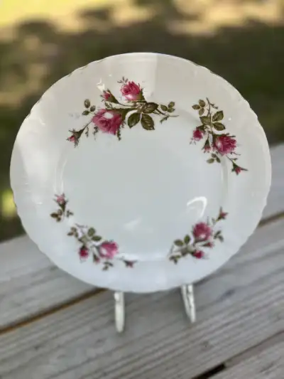 dinner plates rentals | The Tea Party Company Elegant dinner plate white with red roses all around