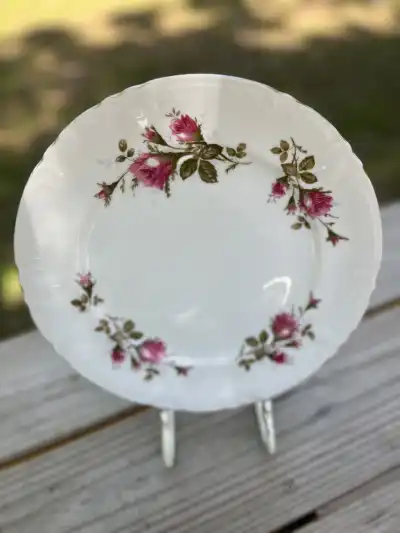 dinner plates rentals | The Tea Party Company White dinner plate with red roses around the edge.