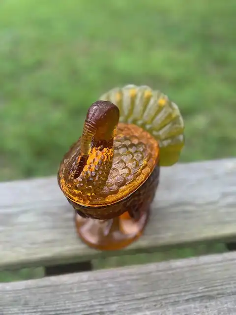 mismatch china rentals | The Tea Party Company Amber glass vintage gravy bow l in the shape of a tyrkey.