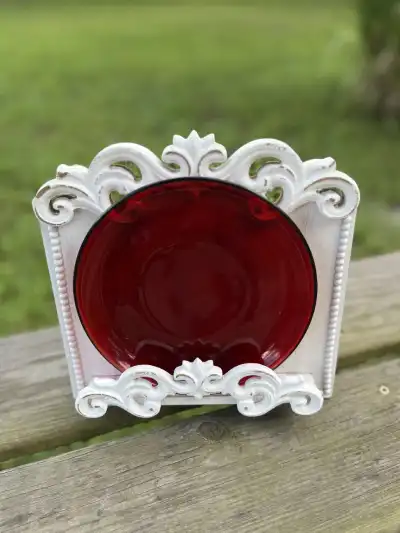salad plates rentals | The Tea Party Company Red Glass Salad Plate Standing on a Wood Base.