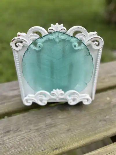 salad plates rentals | The Tea Party Company Turquoise Glass Salad Plate Standing on a Wood Base.