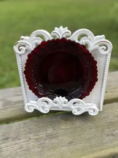 salad plates rentals | The Tea Party Company Ruby Red Glass Salad Plate Standing on a Wood Base.