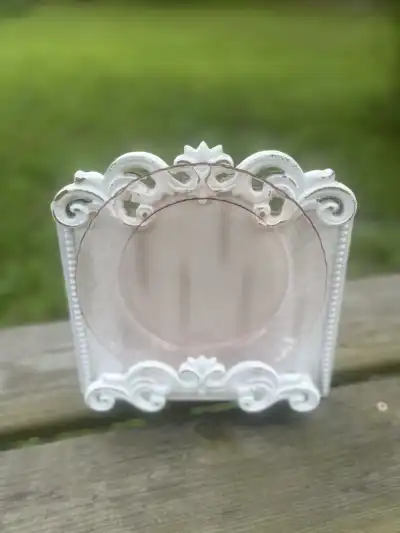 salad plates rentals | The Tea Party Company Pink Glass Salad Plate Standing on a Wood Base.