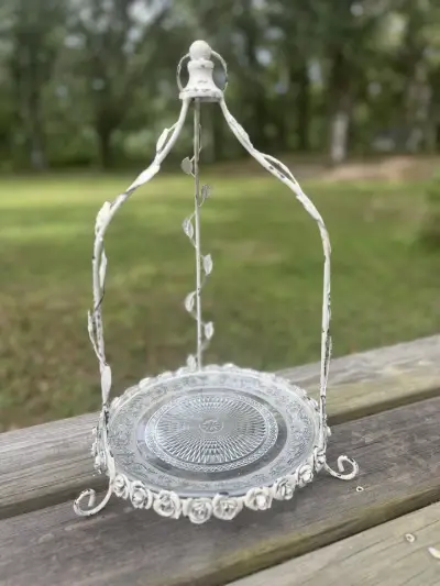 food stands rentals | The Tea Party Company metal vintage white washed food stand glass dish