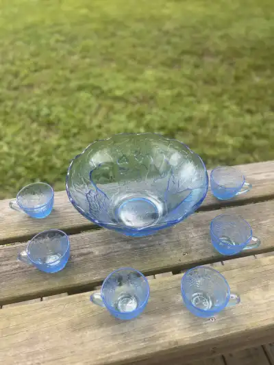 tea party rentals | The Tea Party Company Vintage Blue Glass Punch Bowl with 6 blue glass teacups