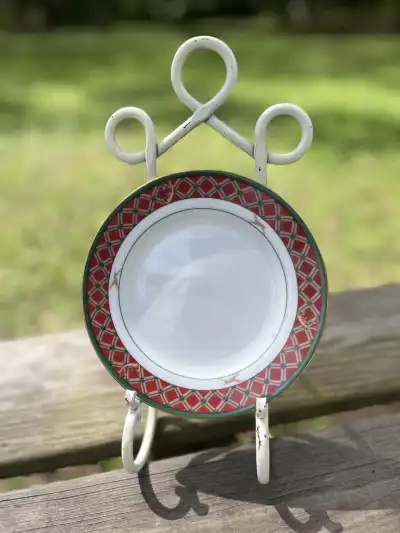 salad plates rentals | The Tea Party Company Salad Plate Standin on Metal Base.