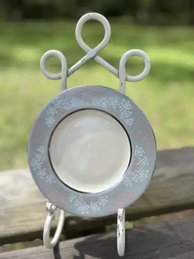 salad plates rentals | The Tea Party Company Salad Plate Standin on Metal Base.