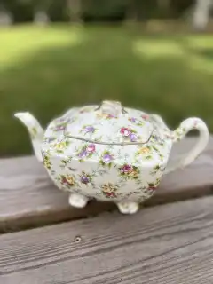 mismatch tea pots rentals | The Tea Party Company white and pink tiny flowers shabby chic style teapot