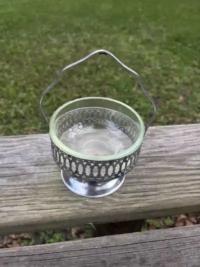 silver plated rentals | The Tea Party Company Made in England Vintage Crystal Jam Dish with Silver Plated Holder.