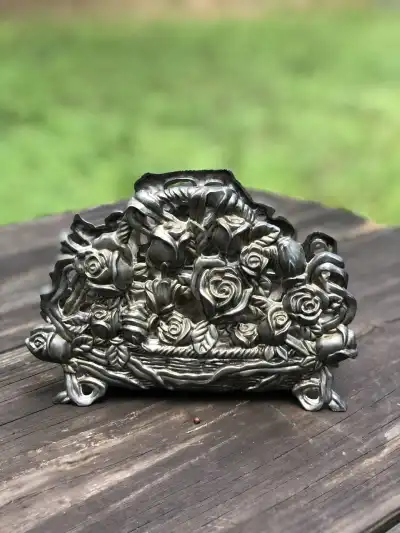 silver plated rentals | The Tea Party Company Vintage International Silver Company Plated Letter / Napkin Holder Featuring A Bundle of Roses in a Basket.