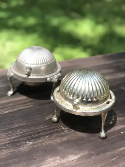 silver plated rentals | The Tea Party Company SHEFFIELD Silverplate 3-Legged Dome Covered Round Butter Dishes Made in England.