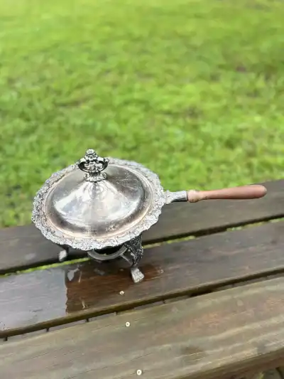 silver plated rentals | The Tea Party Company Vintage Silver Plate Chaffing Serving Warmer Dish Wooden Handle.