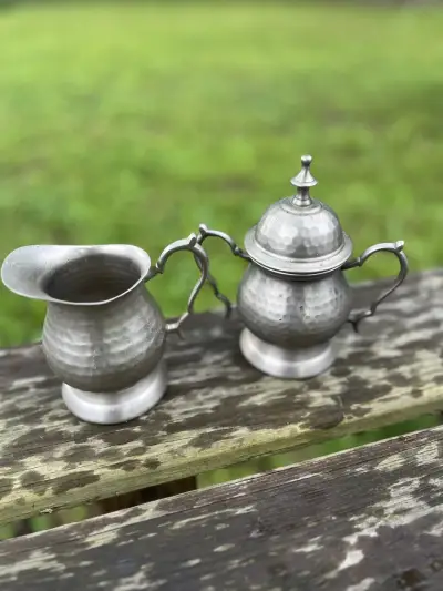 silver plated rentals | The Tea Party Company Vintage Wilton Armetale Pewter Creamer and Sugar Set.