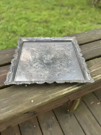 silver plated rentals | The Tea Party Company Antique Vintage Silver Plate Tray, Large Square.