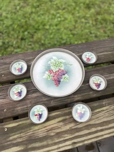 silver plated rentals | The Tea Party Company Vintage German Sternauware Porcelain and Metal Serving Tray Set, 7 PC Grapes Design.