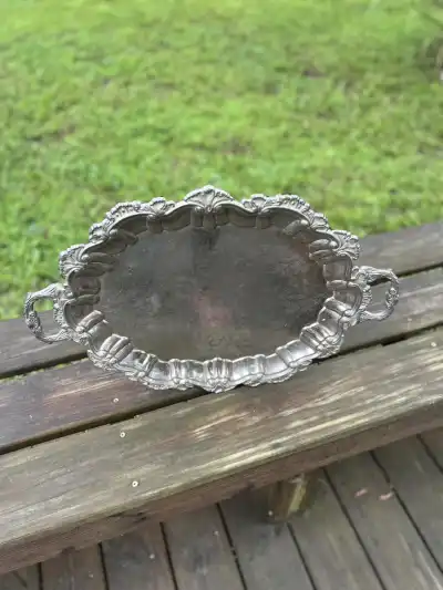 silver plated rentals | The Tea Party Company Silver Handle Serving Tray, Vintage Butler’s Oval Tray, Coffee or Buffet Serving Platter.