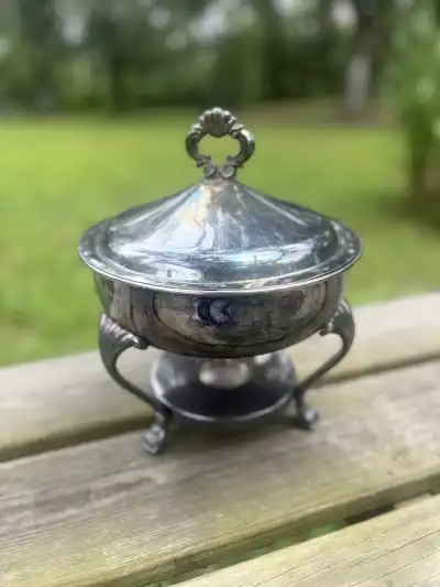 silver plated rentals | The Tea Party Company Vintage Silverplated Round Chaffing Buffet Tarnished.
