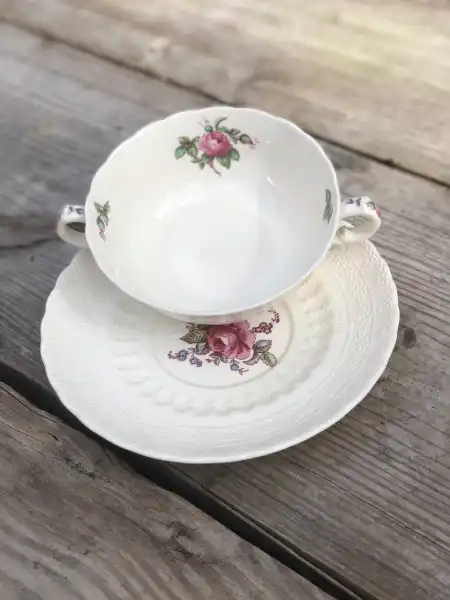matching china rentals - The Tea Party Company soup bowl and saucer bowl cream with roses