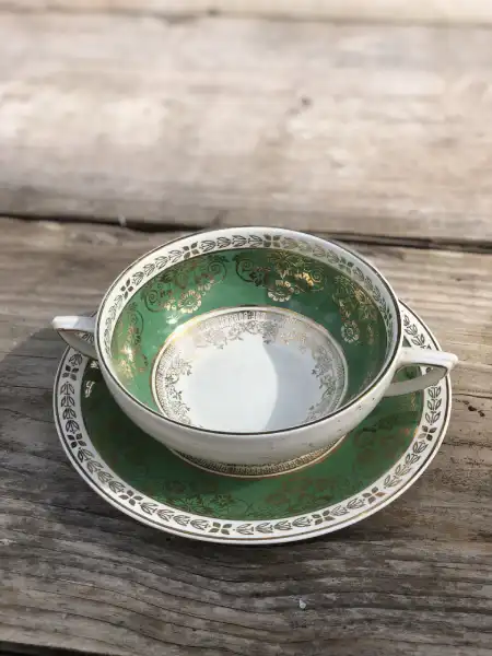 matching china rentals - The Tea Party Company soup bowl and saucer green and gold