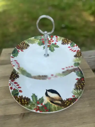 food stands rentals | The Tea Party Company 2 tiered porcelain dishes food stand christmas motif